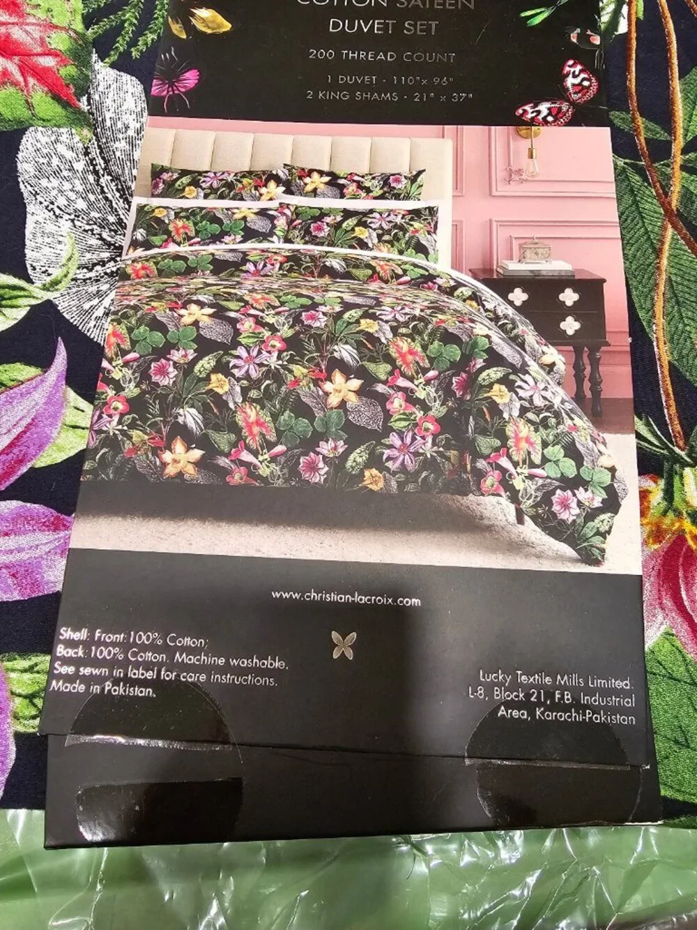 Christian Lacroix King Duvet Cover Set Cotton Tropical Floral Navy Blue NWT